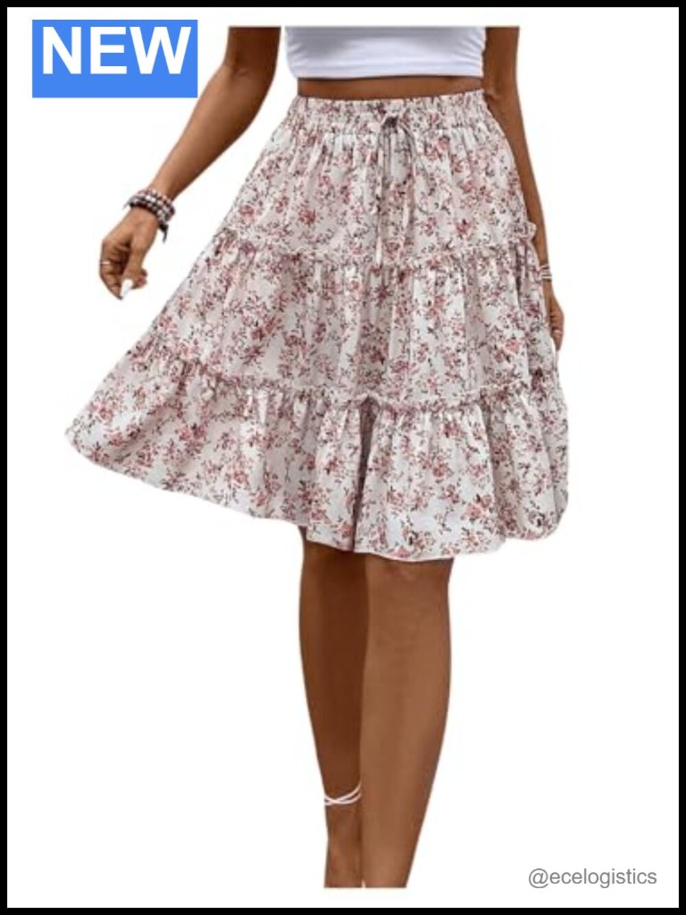Women's Boho Floral Ruffle Hem High Rise Skirt with Elastic Waist